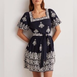 Boden Square Neck Rara Dress Navy Embroidered 6US NWT Cotton Party Fit Flare